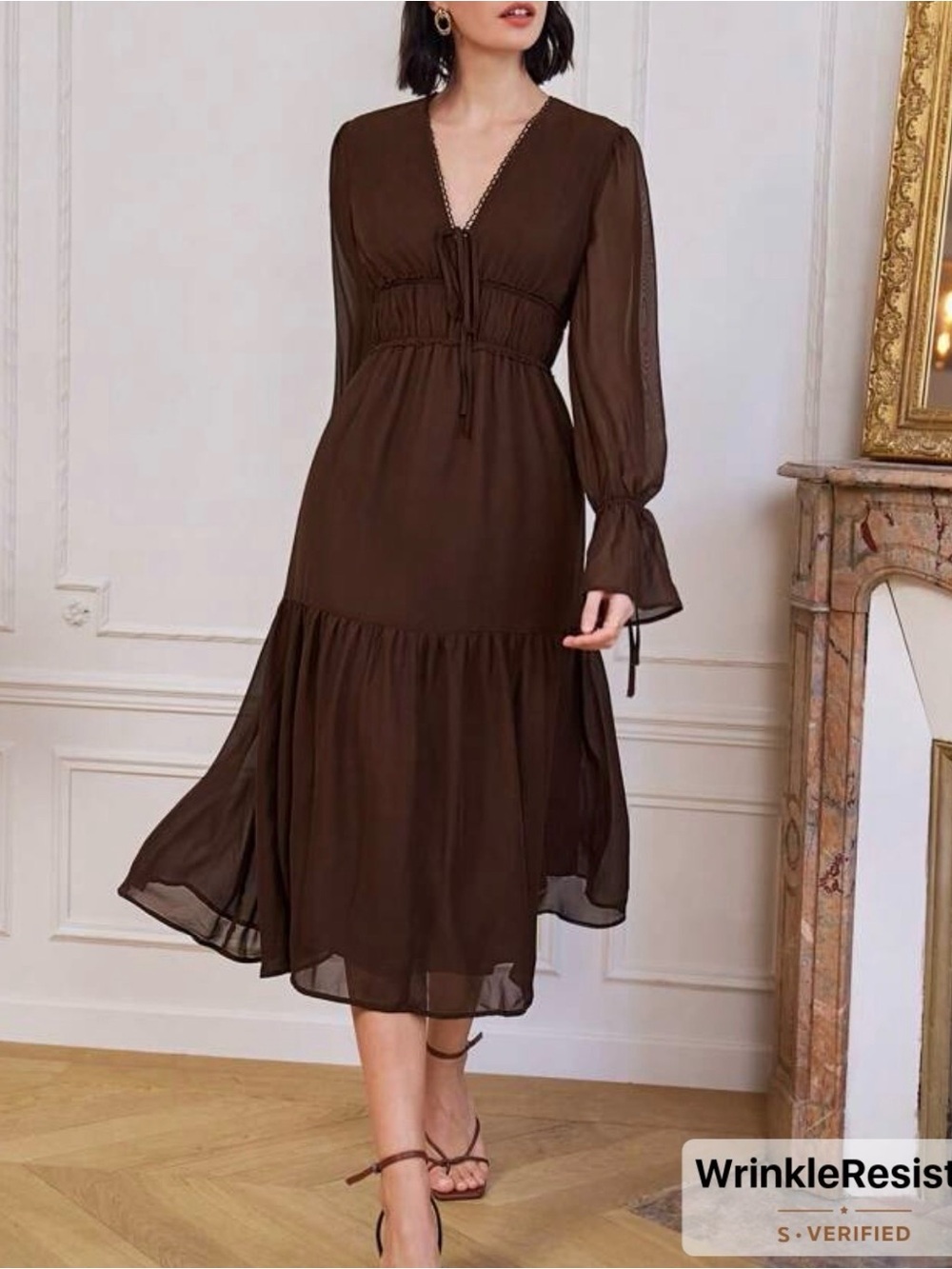 SHEIN Brown Long Sleeve Tiered Dress